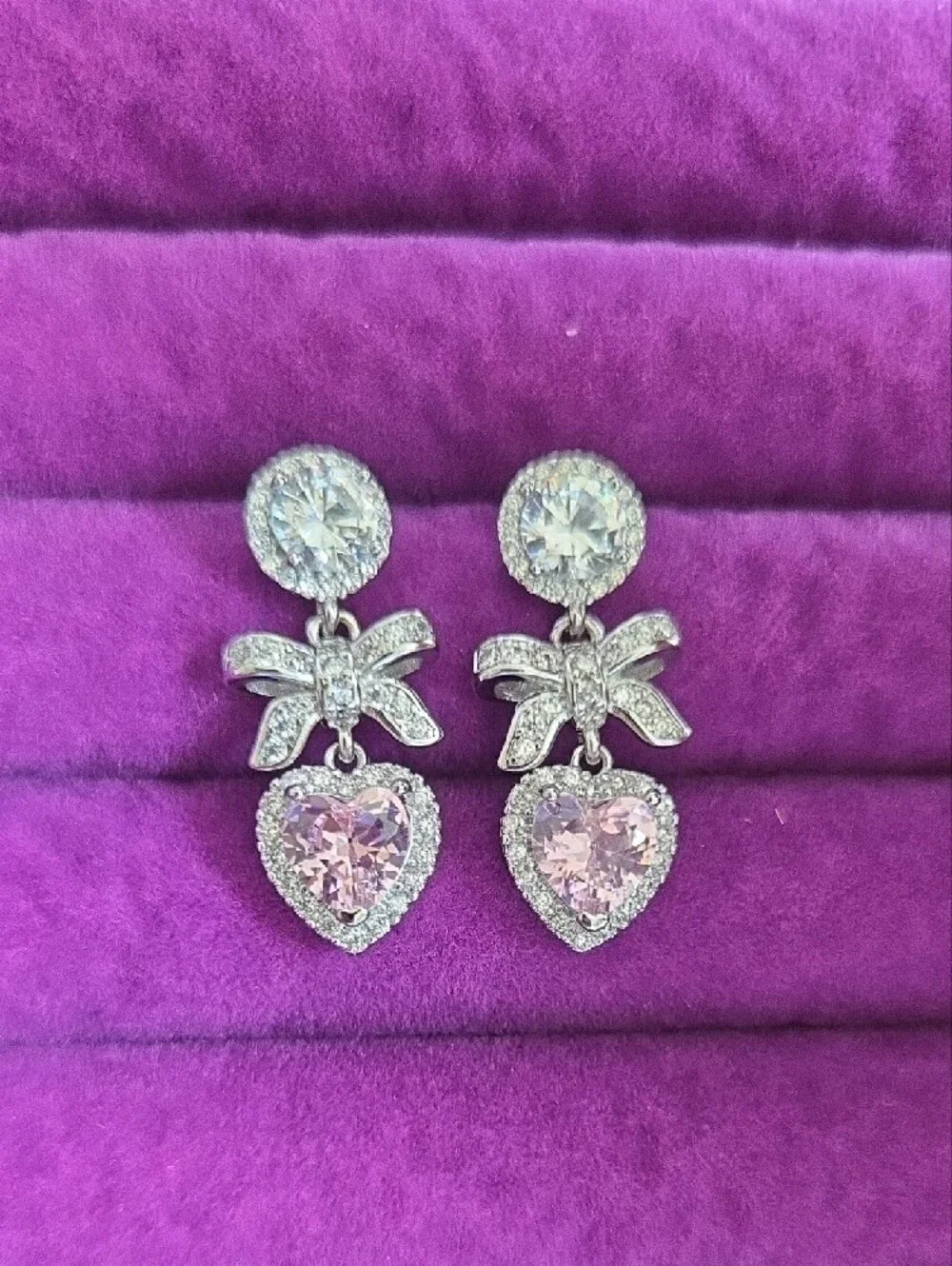 Sterling Silver Bow Drop Earrings with Pink Moissanite